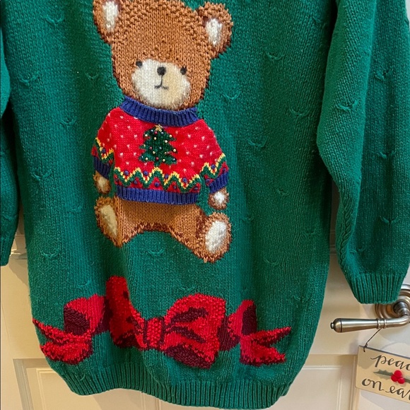 Marisa Christina Teal Christmas Sweater with Bear and Bow Design - Picture 3 of 8